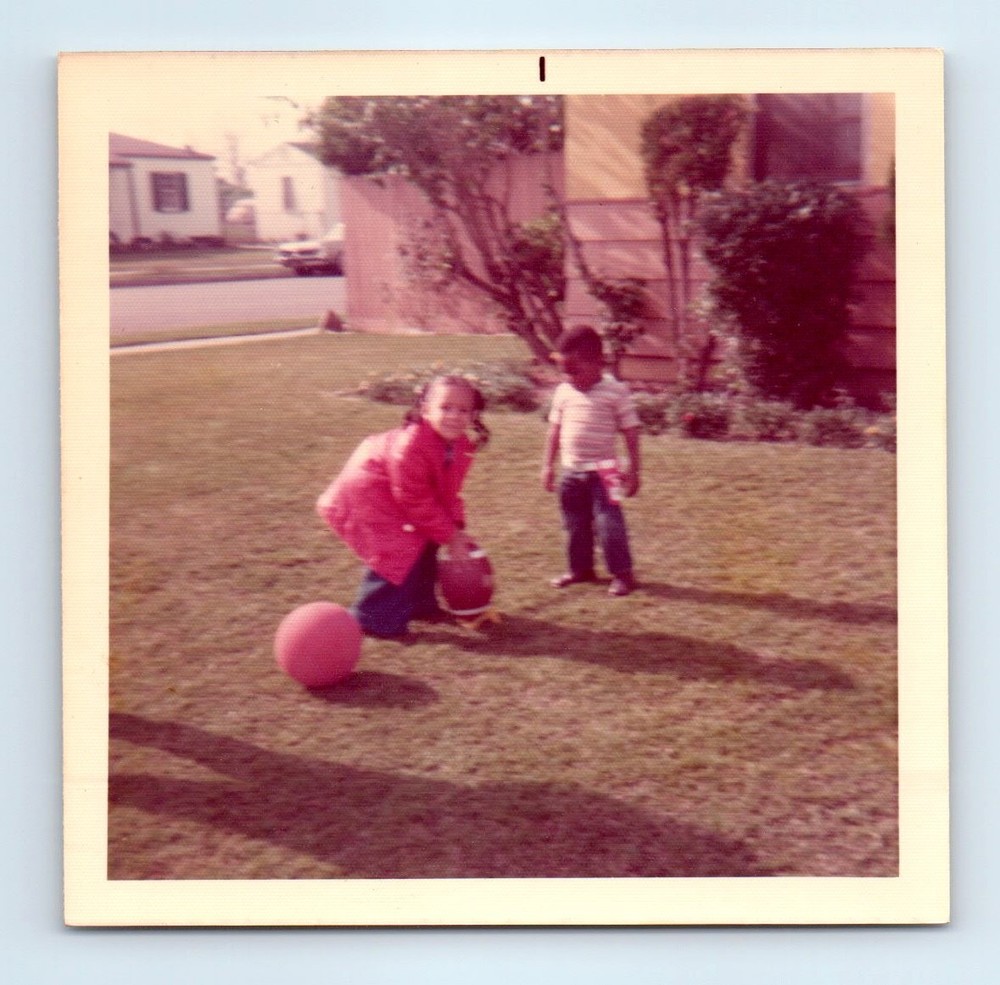 Old Vintage Square Color Photo BOY GIRL PLAYING FOOTBALL IN YARD OUTSIDE HOUSE