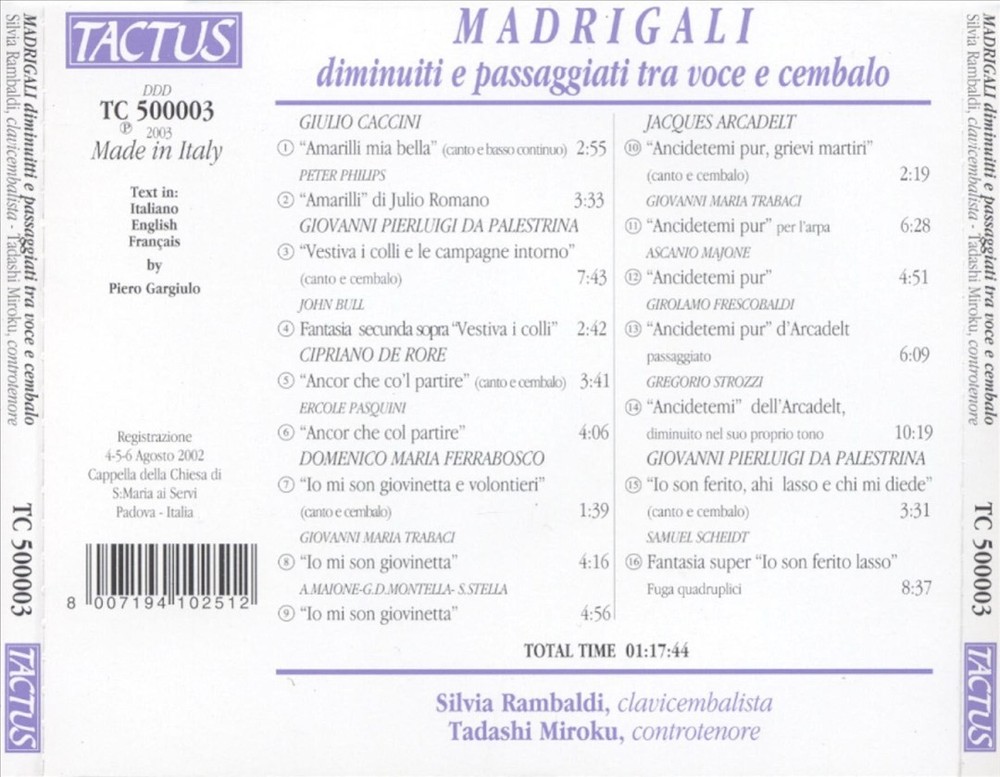 Silvia Rambaldi / Tadashi Miroku Madrigali Diminuiti E Passaggiati Tra Voce E Ce