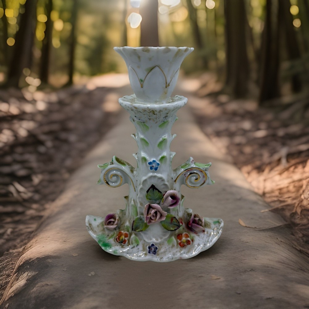 Vintage Mid-century Japanese Porcelain Candlestick Holder Hand Painted Floral 6