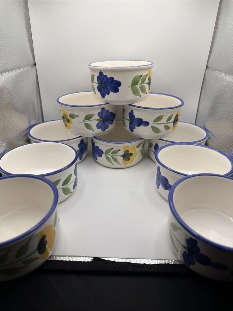 Dansk San Nicolo Ramekins Custard Cups Blue & Yellow Floral Pattern Set of 10