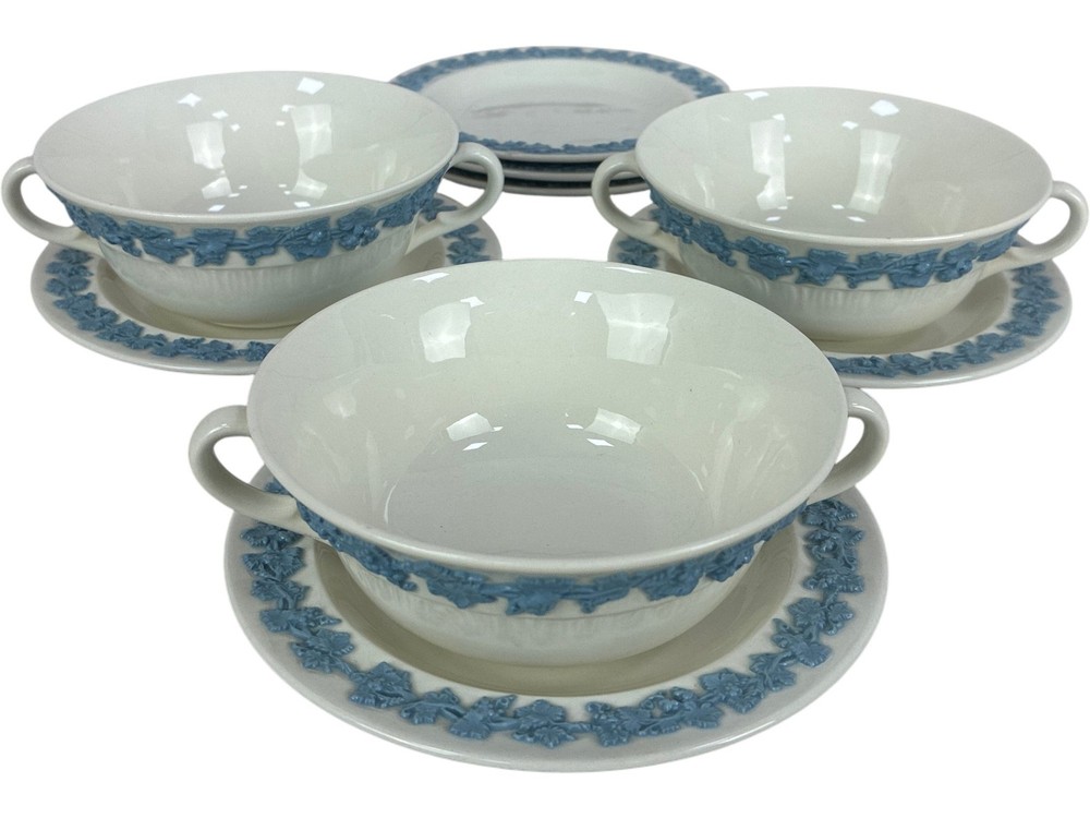 Wedgwood Queen's Ware Embossed Blue and White Soup Bowls Set of 3 With Saucers