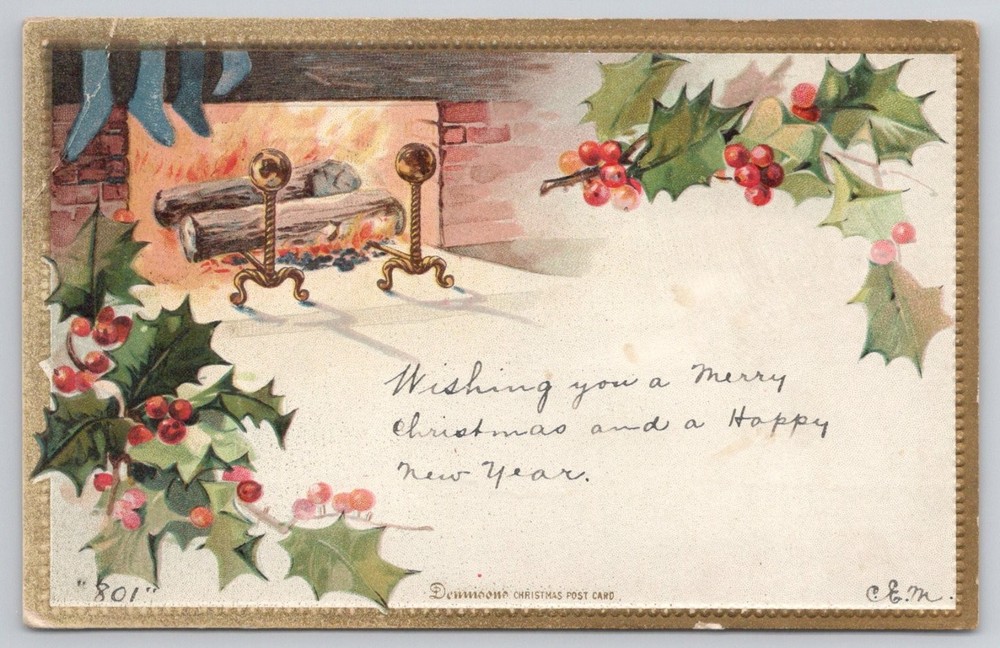 1907 Dennison Christmas Postcard Fireplace Stockings Holly Berries Embossed