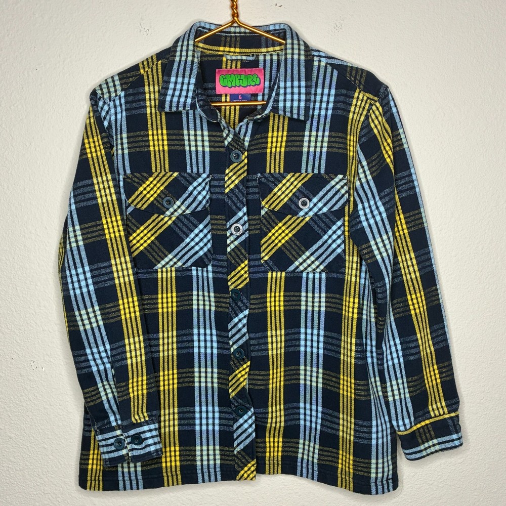 Empyre Flannel Mens Large Blue Yellow Heavyweight Plaid Long Sleeve Shirt