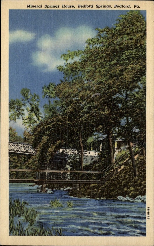 Bedford Pennsylvania Mineral Springs House bridge unused vintage linen postcard