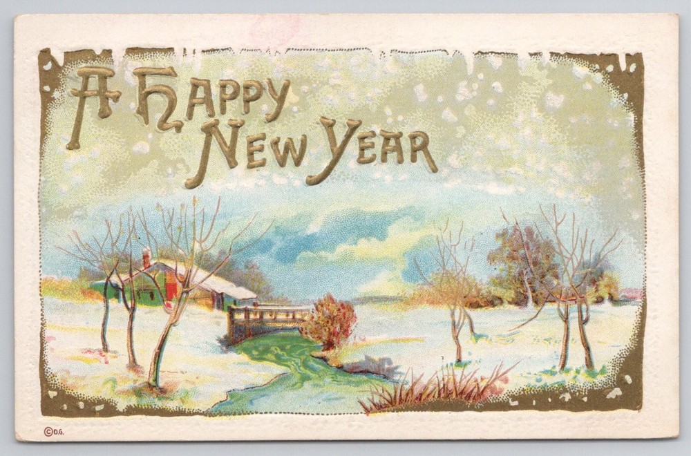 1913 Happy New Year Postcard Embossed Winter Scene Vailsburg NJ Posted G.G.