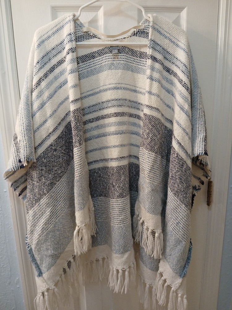 Aerie Women's Poncho One Size Cover Up Wrap Blue White Stripe Boho Fringe