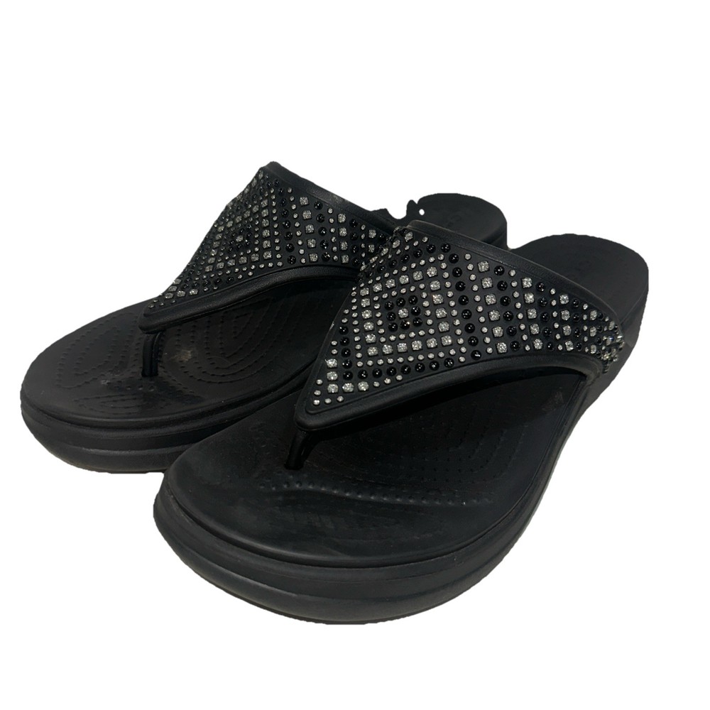 Crocs Womens Monterey Shimmer Black Wedge Sandal Comfort Flex Flip Flop