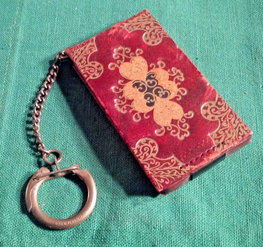 Vintage Germany Mini Coin Pill Case Keychain Key-Ring Fob Maroon &Pattern Design