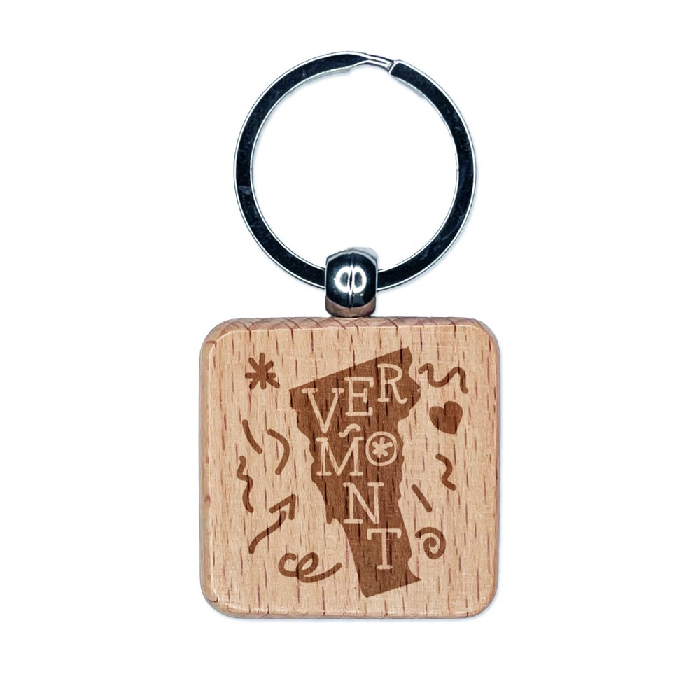 Vermont State Engraved Wood Keychain with Swirl Design  