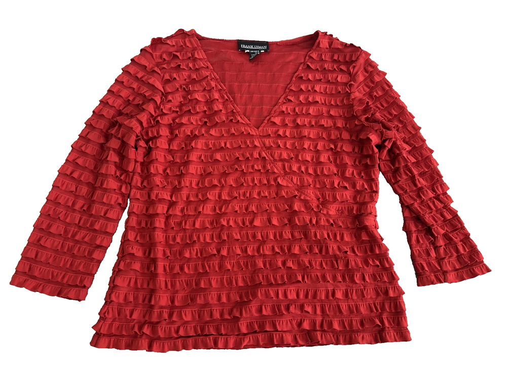 Frank Lyman Women Size 16 Button Up Ruffled Shirt Red Designer Chic Elegant Top