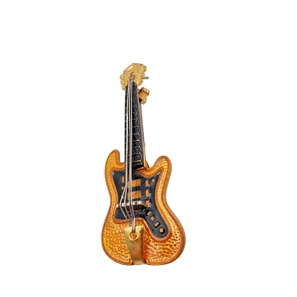 Vintage Western Germany Guitar Brooch Pin Gold Tone Enamel Signed Instrument