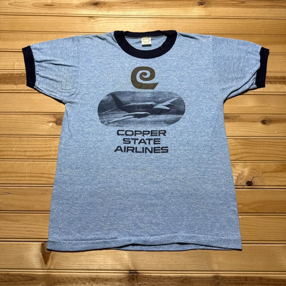 Vintage 70s Copper State Airlines Aviation Ringer Graphic T-Shirt USA - Medium