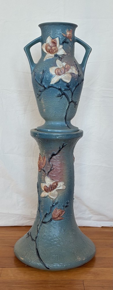 Roseville Blue Magnolia 1940s Pottery Set Art Nouveau Vase & Pedestal Jardiniere
