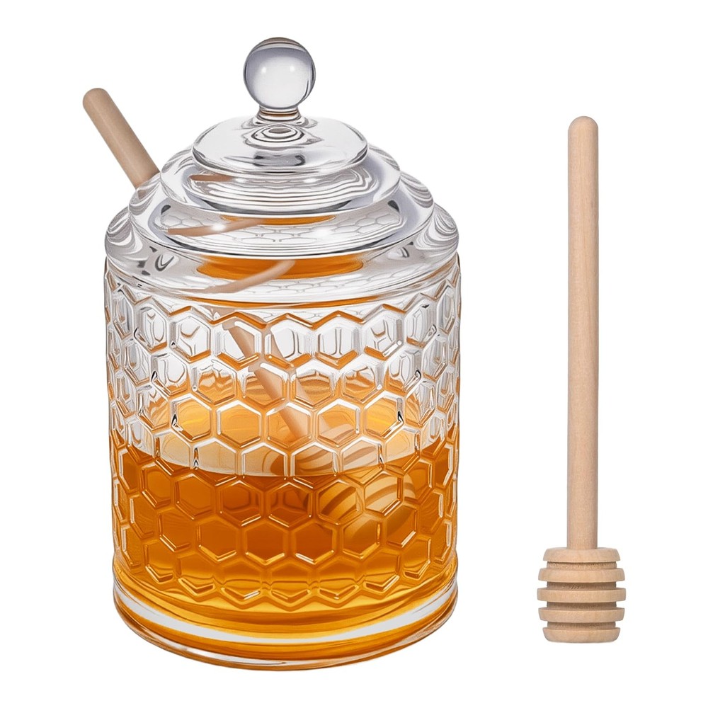 TPSUIPA Clear Crystal Honey Pot with Dipper and Lid Glass Jar Transparent