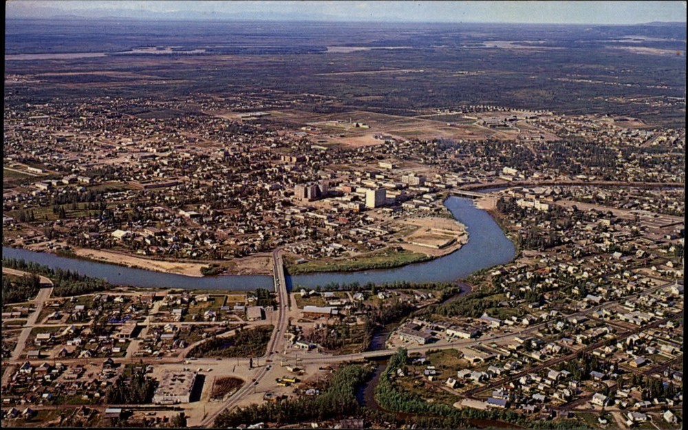 Modern Fairbanks Alaska ~ Chena River aerial view ~ 1950s-60s vintage postcard