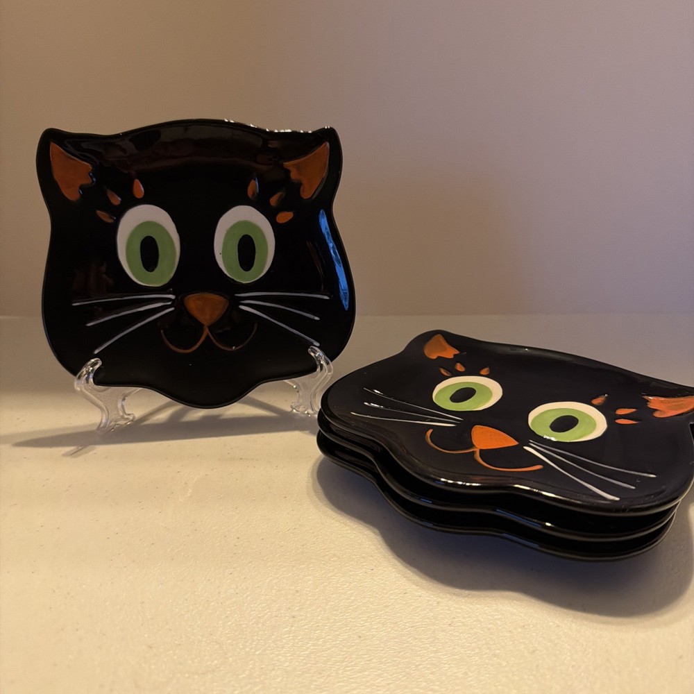 Tag Ceramic Black Cat Ceramic Appetizer Dessert Plates New Lot Of 4