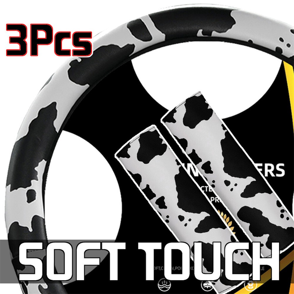 3PCS Cow Print Leather Car Steering Wheel Cover & Seat Belt Pad Set USA