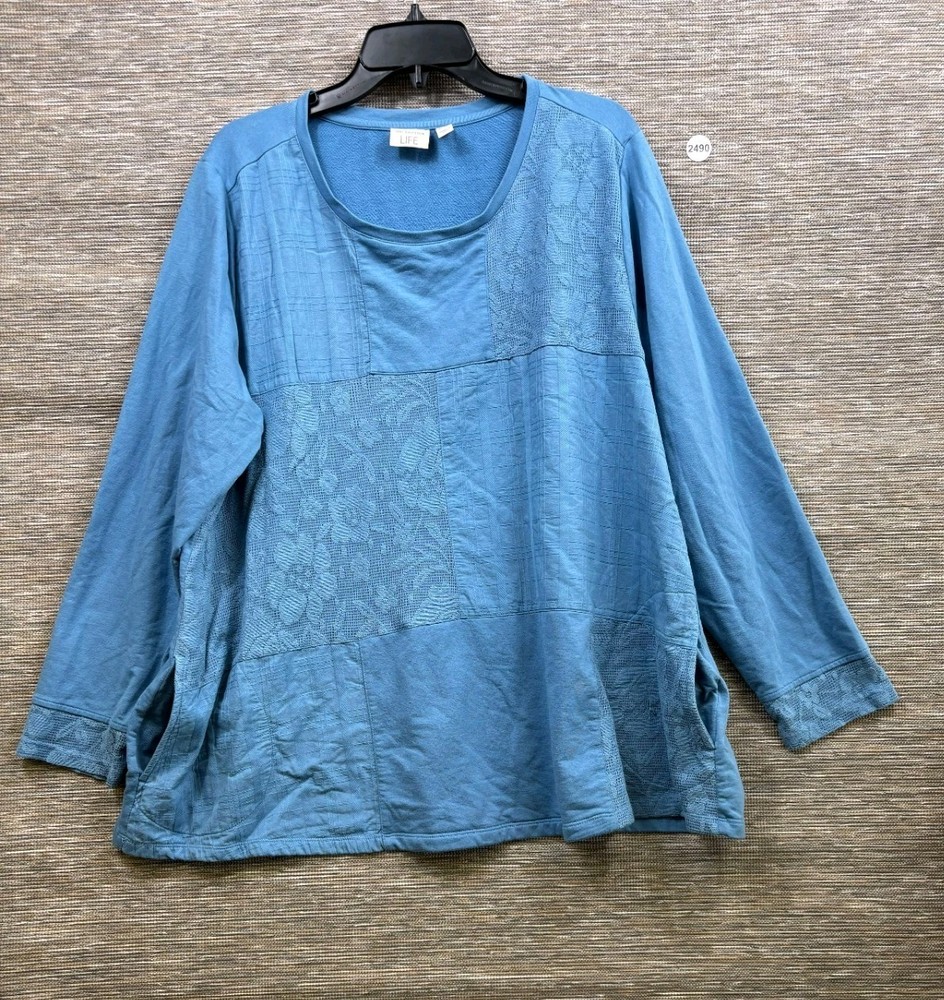 LOGO LIFE A-Line French Terry Floral Lace Tunic Top Womens 2X Blue Athleisur NEW