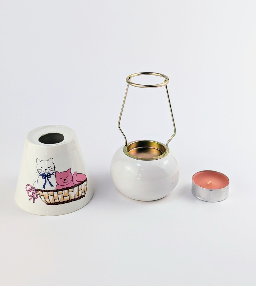 Vintage Cat Tealight Candle Holder Lamp Ceramic Kittens Basket Shade Taiwan