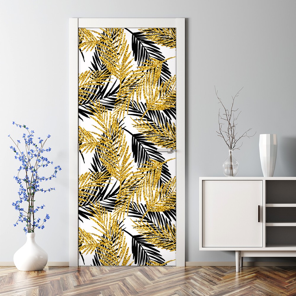 Tropical plants removable Door sticker Gold blue mural Self Adhesive Peel Stick