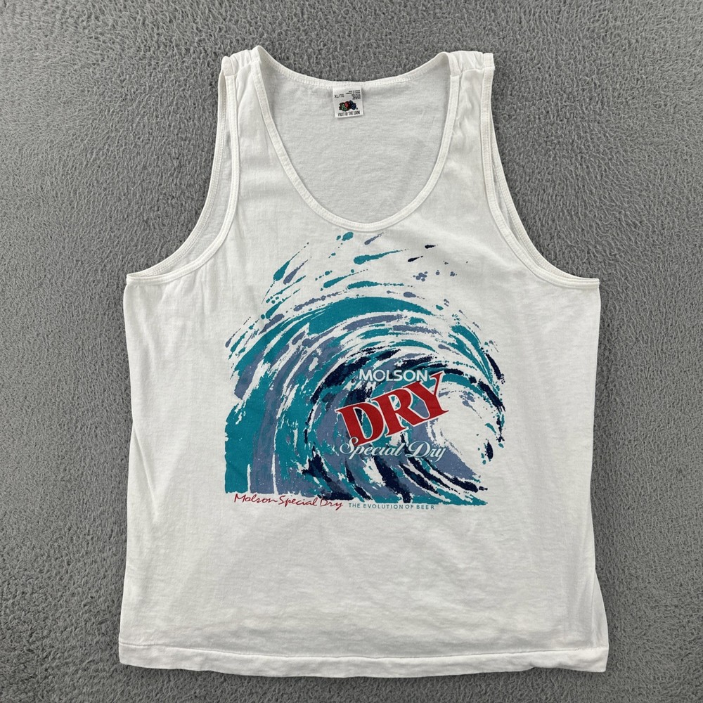 Vtg Fruit Of The Loom XL White Single Stitch Sleeveless Shirt Molson Dry Beer