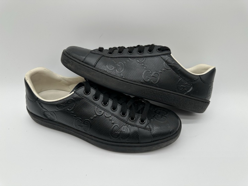 Gucci Ace GG Embossed Leather Monogram Sneakers Black Size 6.5 Lightly Worn-image