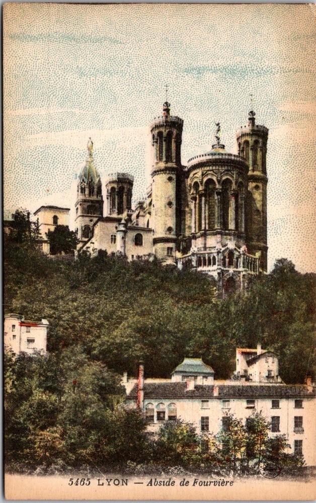 Vintage Lyon France Postcard ~ Basilique de Fourvière Hand-Tinted Architecture