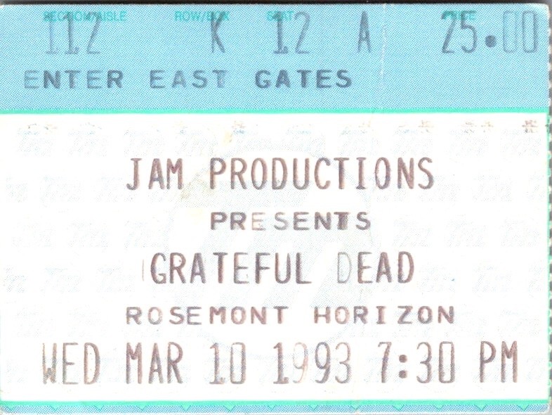 Grateful Dead Concert Ticket, Rosemont Horizon, Mar. 10 1993
