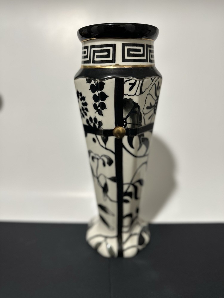 Black White Ceramic Decorative Vase Greek Key Floral Glossy Impressed
