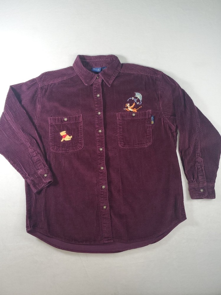 Vintage Disney Winnie the Pooh Corduroy Shirt Burgundy Size Large Embroidered
