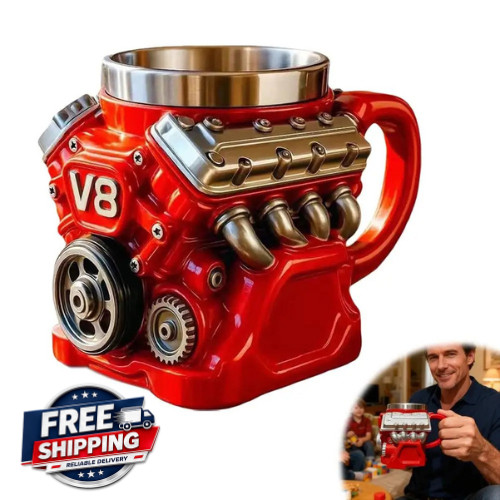 Retro V8 Engine Coffee Mug Ceramic Cup Stainless Steel Interior Gift Automotive