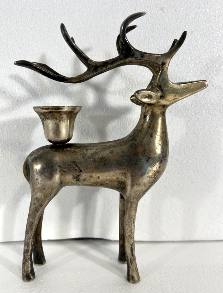 Vintage Pottery Barn Reindeer Silver Plated Candle Holder 7.5 inches Christmas