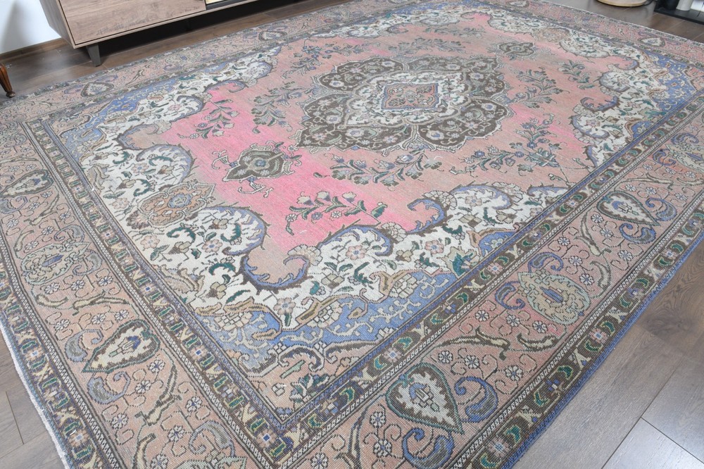 9.4x12.7 ft OVERSIZED Vintage Turkish Oushak Rug, Faded Pink Handmade Wool Rug