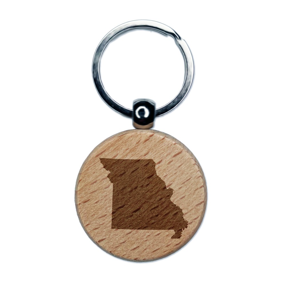 Missouri State Silhouette Engraved Wood Round Keychain Tag Charm