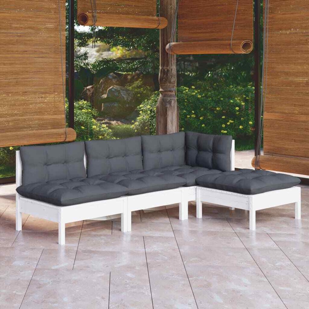 NNEVL 4 Piece Garden Lounge Set with Cushions White Pinewood