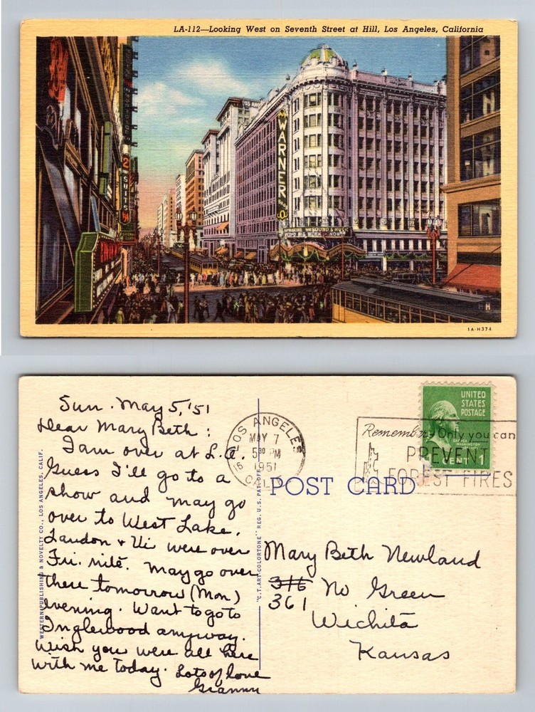 Los Angeles CA-California Seventh Street at Hill Theatres Vintage c1951 Postcard