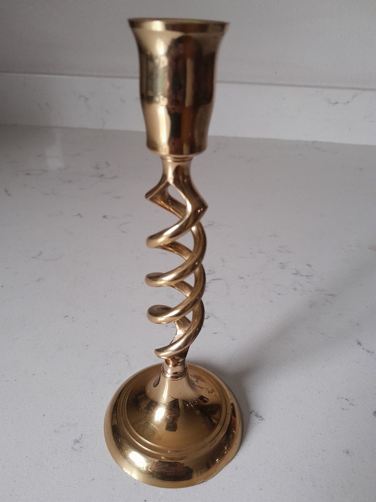 Vintage MCM Open Barley Twist Lacquered Brass Candlestick Holder 7.5