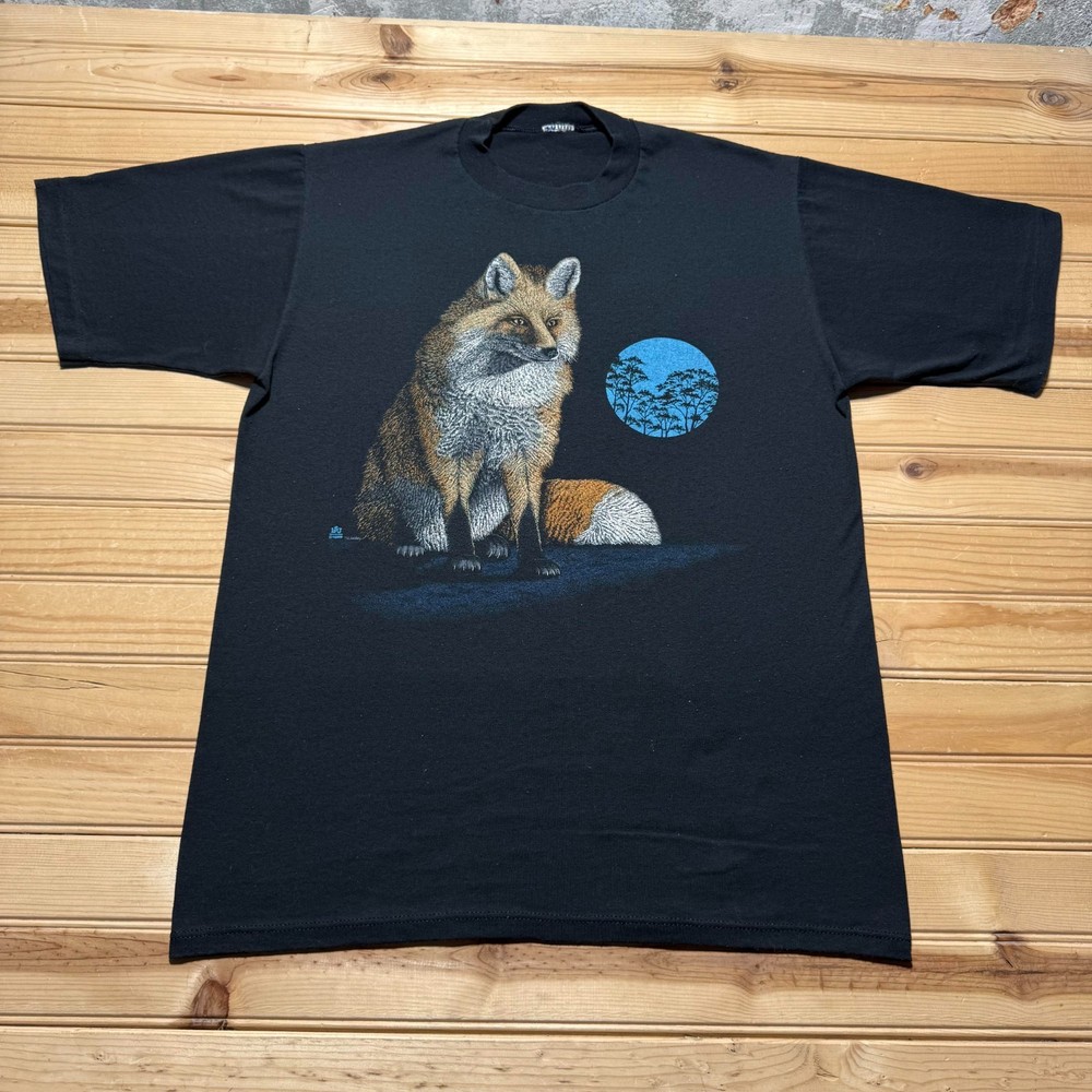 Vintage 1988 Fox Moon Nature Forest Animal Graphic Single Stitch T-Shirt - Large