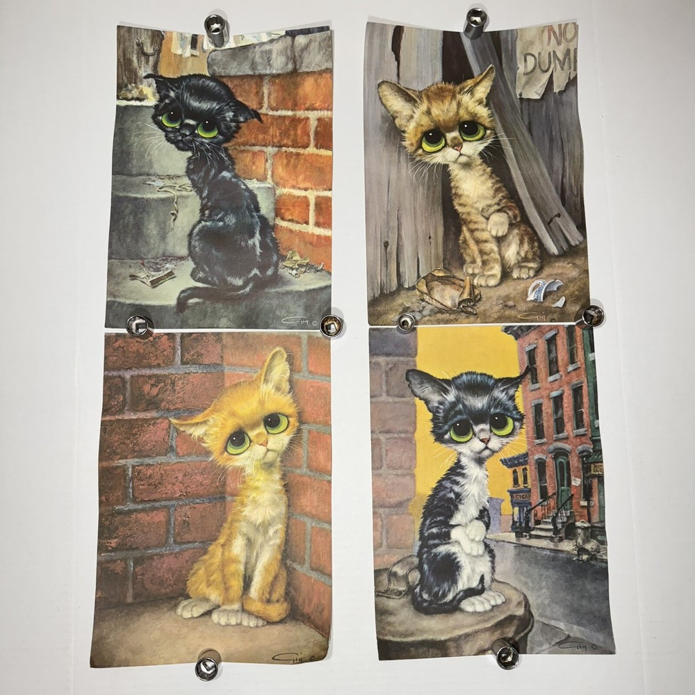 Vintage MCM 60s set 4 Big Eyes Sad Cat 14x19 Pity Kitty Gig Litho posters orange
