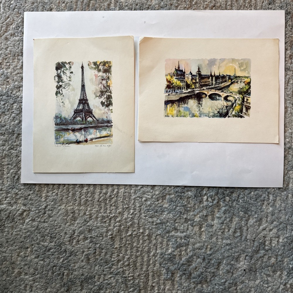 Eiffel Tower in Paris ,La Sainte Chappella By Girard Marius 1950s print  art
