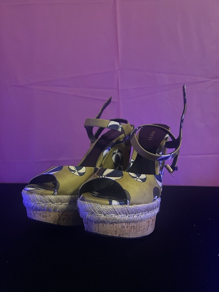 Gucci Leather Wedge Espadrilles Sandals Womens Size 9 Platform Beach Heels