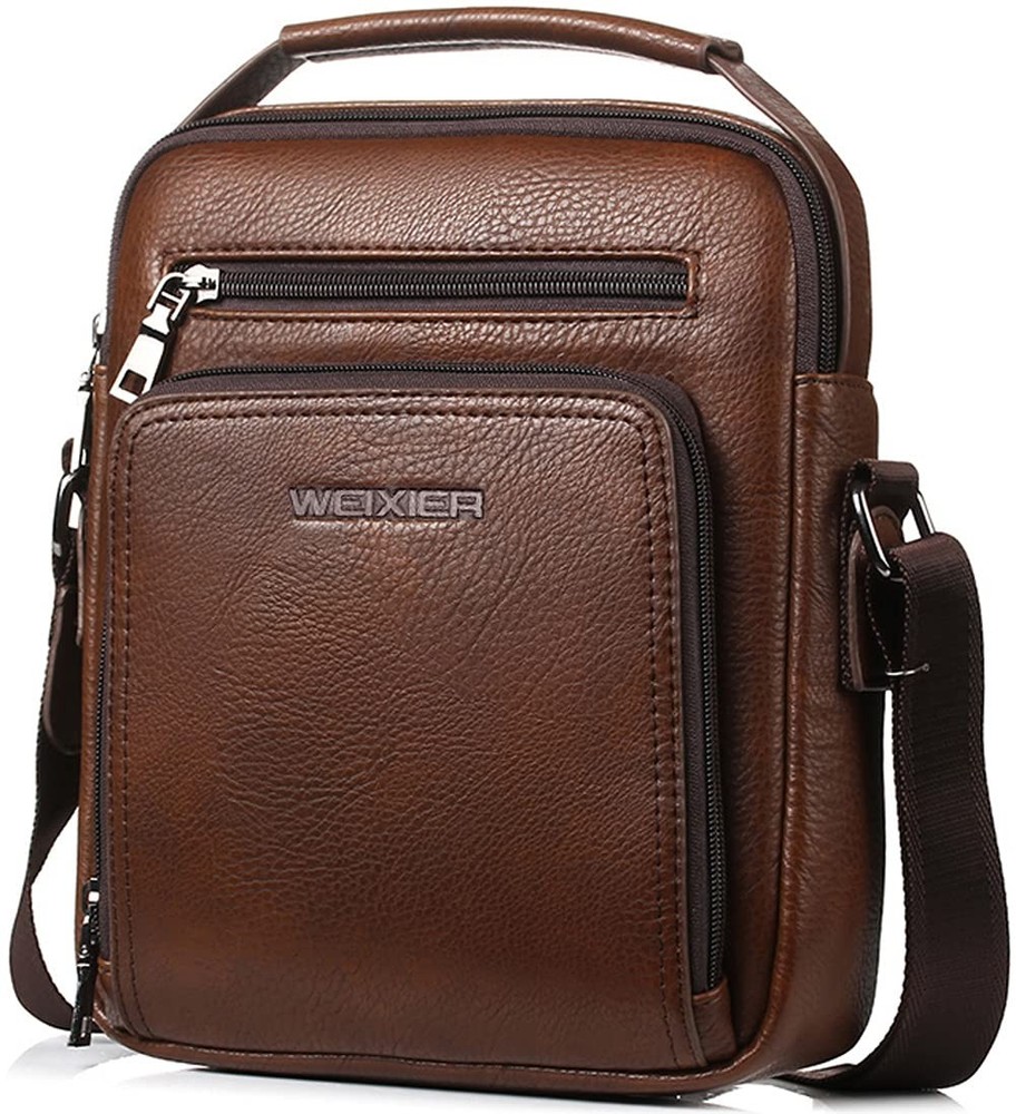 Vintage Adjustable Leather Messenger Bag with Zipper Buckle for Men