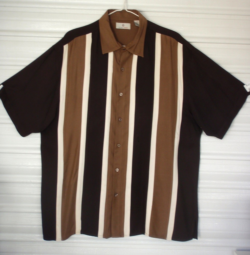 Bobby Chan Mens XL Brown & White  Silk & Rayon Short Sleeve Button Up Shirt