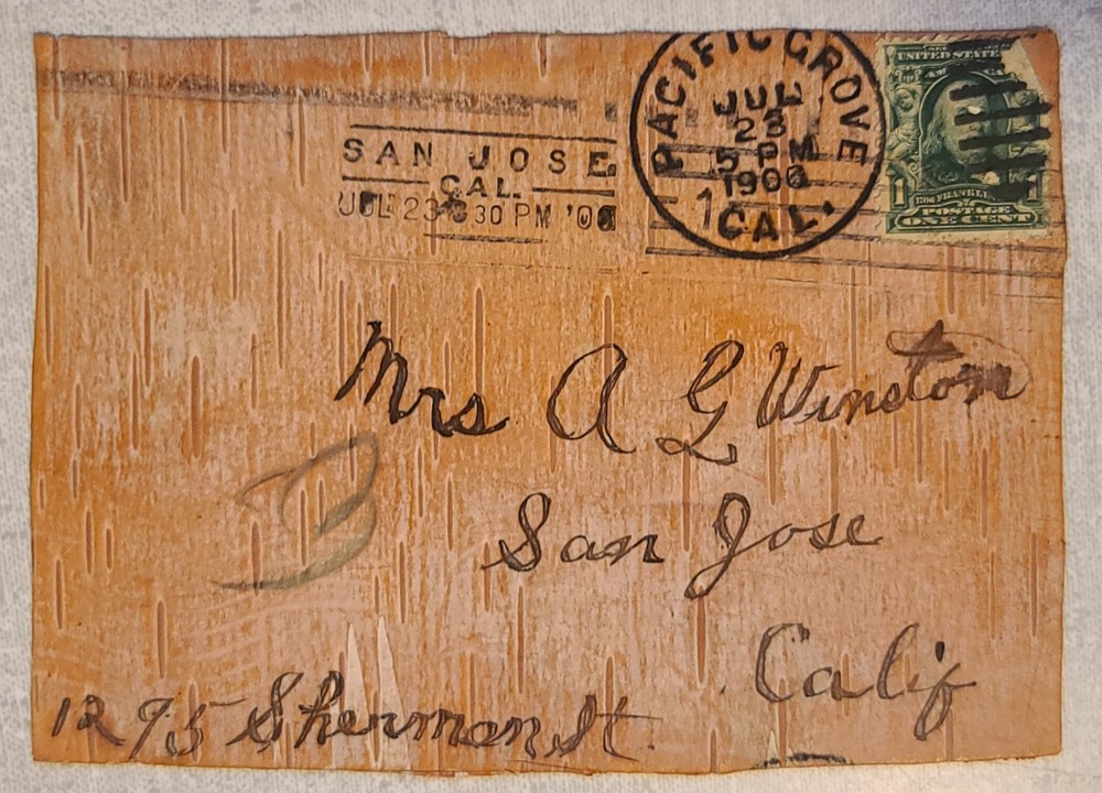 1906 Pacific Grove CA OAK UDB Local Handmade Wood Wooden postcard Winston Family