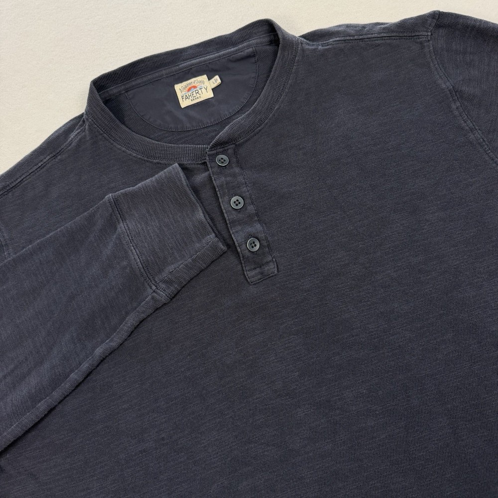 Faherty Slub Cotton Henley Shirt Mens Large Navy Blue Long Sleeve Tee