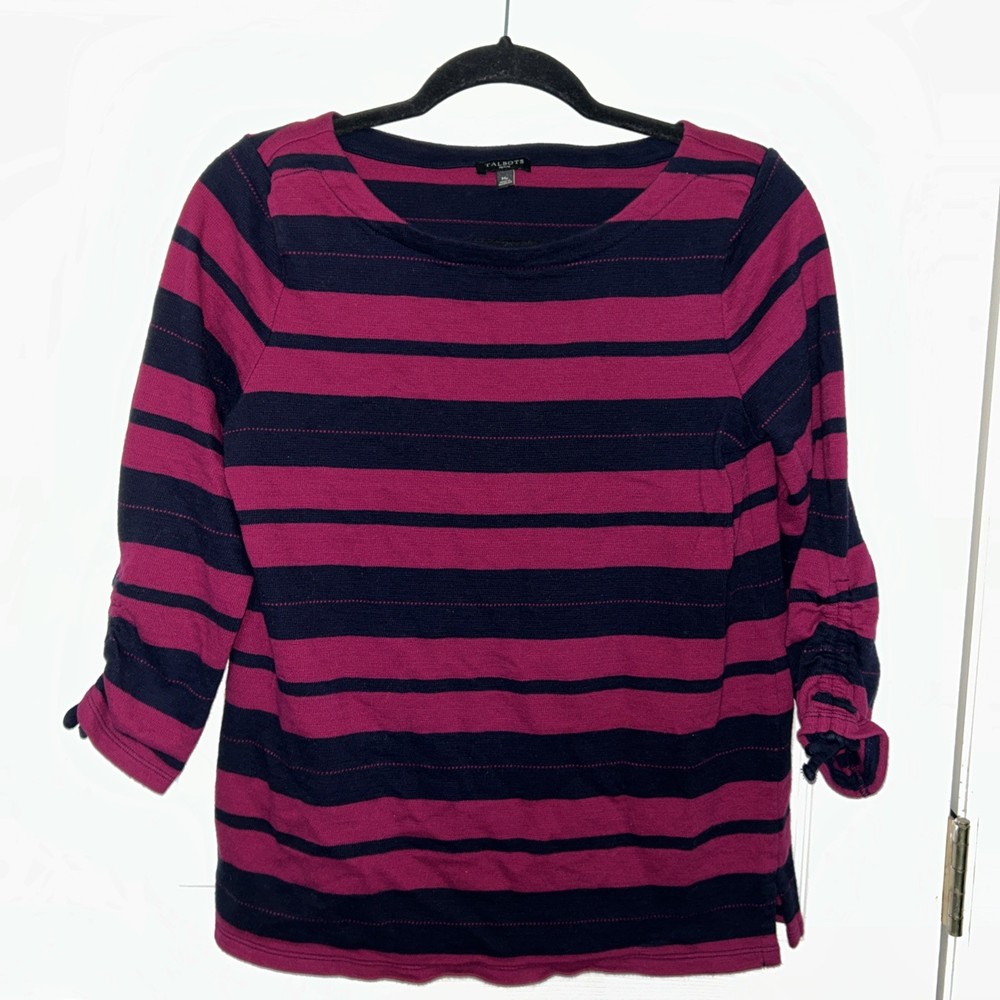 TALBOTS Pink and Navy Blue Striped Cotton 3/4 Sleeve Top Womens Petite Size MP