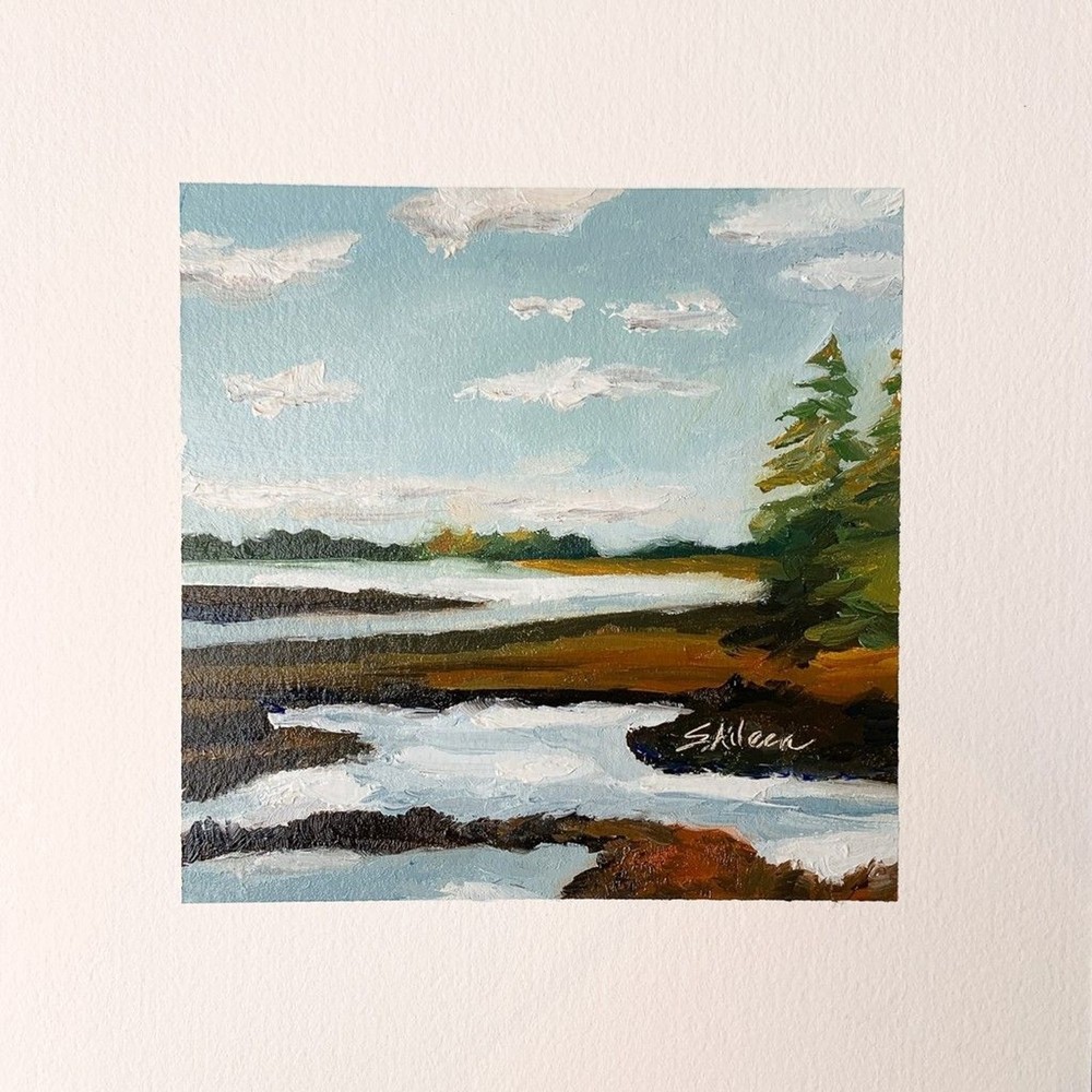 8x8 Maine Original Oil Painting Coastal Acadia National Park Marsh Sunset Signed-image