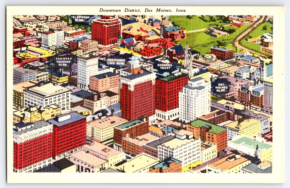 Des Moines Iowa IA Downtown District Street View City Buildings Vintage Postcard