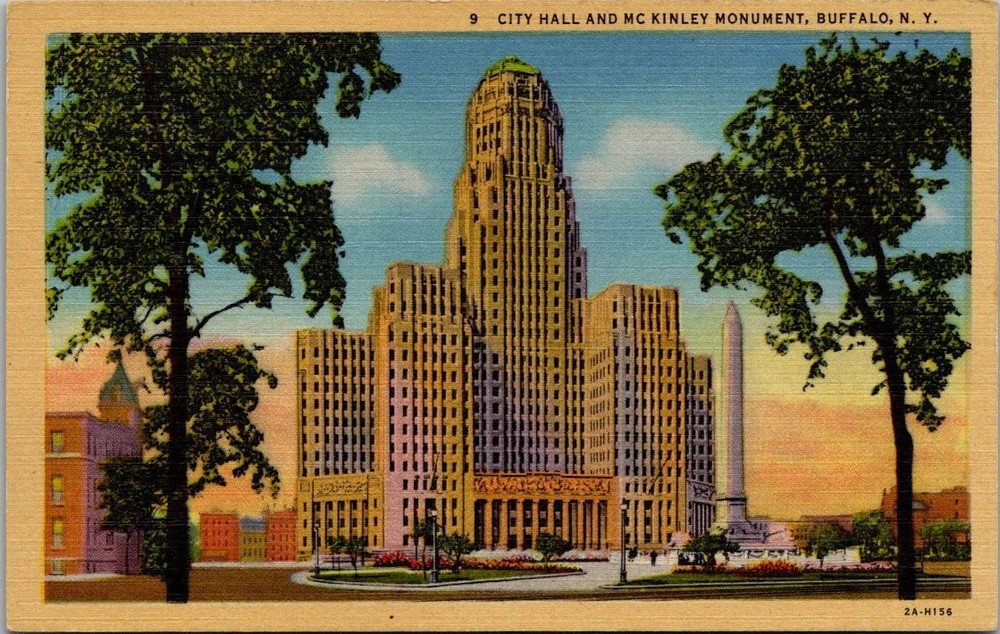 Buffalo NY City Hall McKinley Monument Vintage Linen Postcard Art Deco