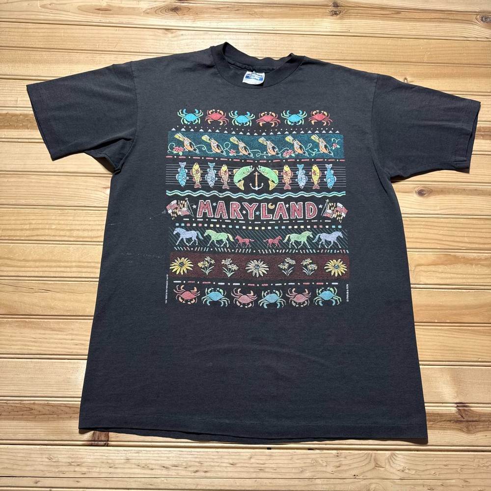 Vintage 90s 1991 Maryland Crab Fish Horse Floral Souvenir Shirt USA - Size Large